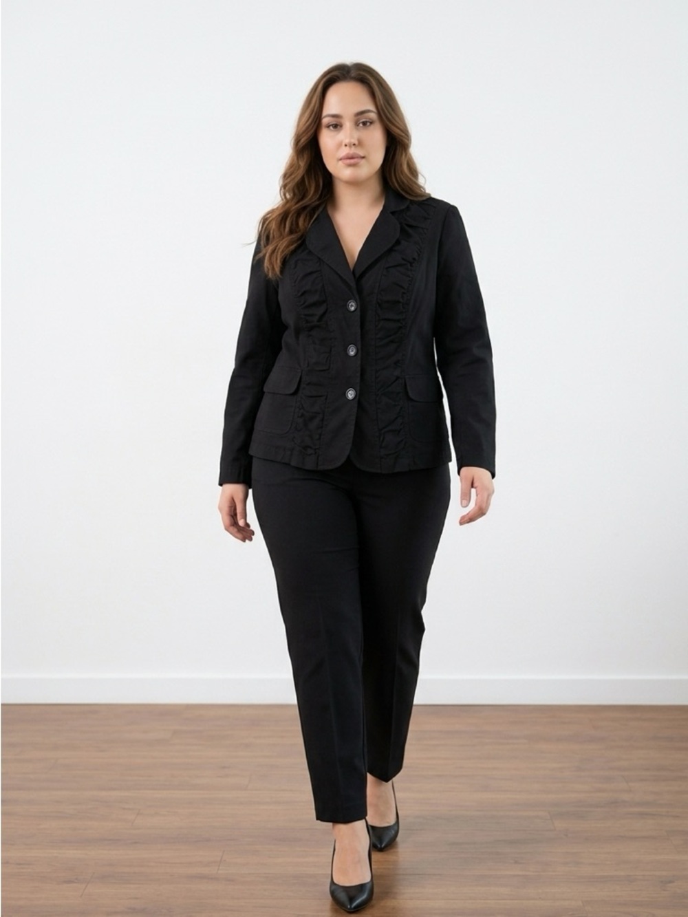 Black Ruffle Trim Blazer Women’s Size 14 Tailored Career Jacket Chic Work